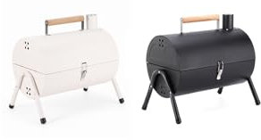 Portable Tabletop Barrel Smoker Grill, Wood Handle, Available in White or Black (BLACK)