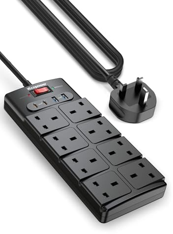 IECOPOWER Extension Lead with USB Slots,2 USB C Fast Charge Ports(PD20W) and 2 USB-A Ports(18W),Power Strip Surge Protector with 8 way plug extension Socket and 2M Extension cable,Black