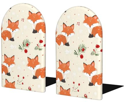 Cavizow Fermalibri decorativi natalizi con foglie di agrifoglio e volpe, per scaffali e libri pesanti, 2 pezzi, antiscivolo, in legno, per camera dei bambini, casa, ufficio, scuola, scrivania, cucina