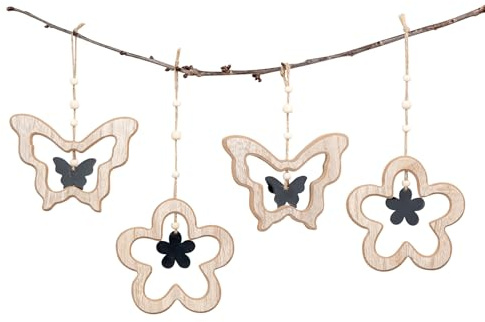4er Set Deko Anhänger Schmetterling Blume MDF Holz Natur Hängedeko Frühlingsdeko Deko-Anhänger