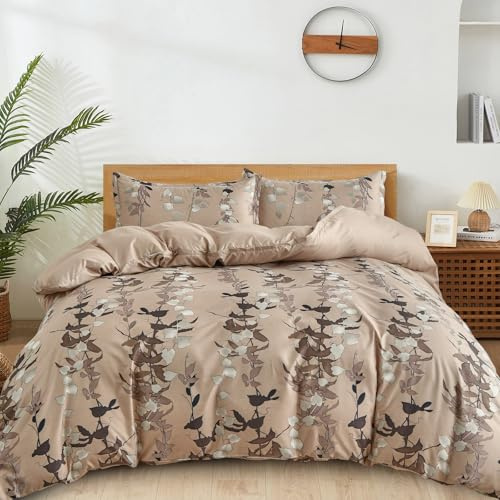 King Size Duvet Cover Sets Brown Botanical King Size Bedding Set Breathable Polyester Stylish Quilt Set with Pillowcases 3PCS, Brown Leaves, 220x230cm