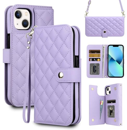Coolden for iPhone 13 Case Wallet with Card Holder [4 Card Slots] Shoulder Strap for Women PU Leather Flip Magnetic Clasp Heavy Duty Protective Shockproof Cases Cover for iPhone 13 Phone Case-Purple