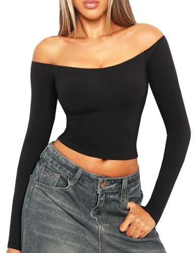Navneet Women Off The Shoulder Tops Sexy Cold Shoulder Tops Basic Bardot Long Sleeve Crop Top Going Out Outfits Party Club Black S
