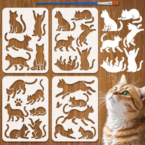FINGERINSPIRE 4 Stück Katzen Silhouette Schablonen Mit Pinsel 29.7x21cm A4 Größe Zeichenschablonen Mit Katzenmotiv Heimdekoration DIY Schablone Kunststoff Tiermotiv Vorlage Zum Malen Auf Holz Wänden