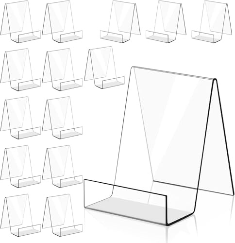 Cnwinu Clear Acrylic Book Holder,Acrylic Display Stand with Ledge,Plate Stand for Displaying Books,Picture Albums,Recipe,Card,Magazine,Notebooks,Crafts,Photos,Phones (15 Pcs,Small)