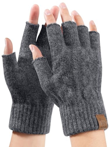 TOMEEK Fingerlösa handskar för kvinnor, 100 % ull, vinter, termiska handskar för män, som kör, halvfingerhandske, löpning, arbete, cykling, vandring, utomhussport (mörkgrå, M)