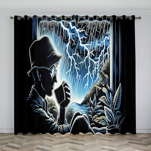 Man Net Curtains for Windows Coffee Blackout Curtains, 3D Printed Drape Insulated Curtains, 2 Pack with Hooks, Removable and Washable for Bedroom Living Room Kitchen Pavilion