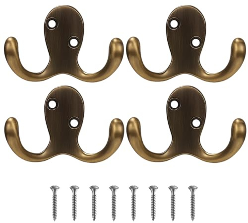 HiTjK 4 Brass Hooks, Antique Brass Coat Hooks with 8 Screws, Gold Coat Hooks for Wall, Durable Brass Hook for Home Organization