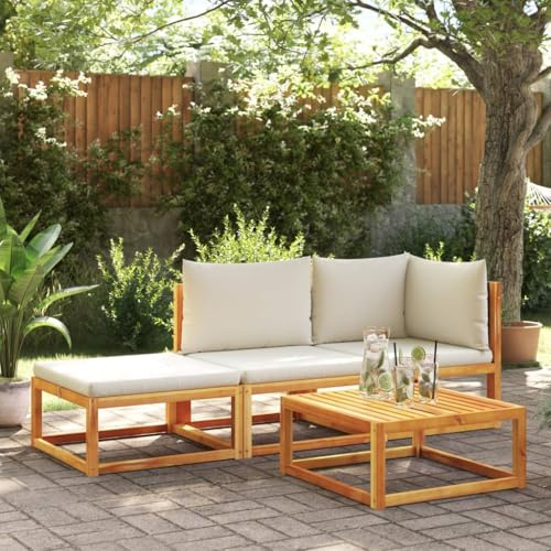 QJBSAVVA Gartenmöbel Set 3-TLG 65×65×65 cm Akazie Holz & Rattan Gartensofa Eckbank mit Cremeweiß Kissen Modernes Design Robust für Balkon Terrasse und Garten