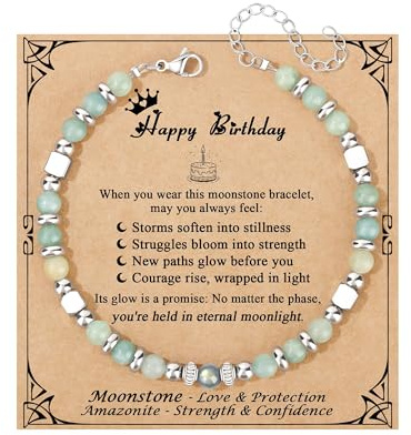 Bracelet Femme Pierre de Lune Amazonite – en Pierres Naturelles avec Perles en Acier Inoxydable Argenté, Bracelet Ajustable Fait Main, Bijoux Amulette Porte-Bonheur, Cadeau Anniversaire pour Femme