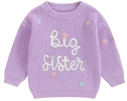 Haomibacu Little Kid Baby Girls Warm Knitted Sweater Big Sister Jumper | Little Baby Girls Warm Fall Winter Knitwear Big Sister Letter Embroidery Jumper Long Sleeve Sweater Crew Neck Pullover Top
