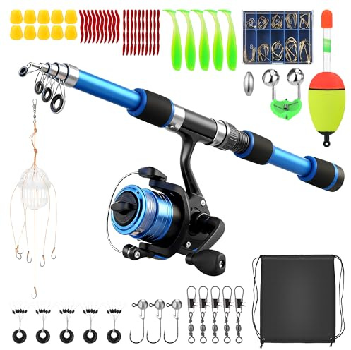 Hahorpa Juego de Caña de Pescar para Niños 45-180cm, Caña de Pescar Telescópica con Carrete, Señuelos Blandos, Anzuelos y Bolsa, Regalo Ideal para Viajes, Camping y Senderismo Infantil