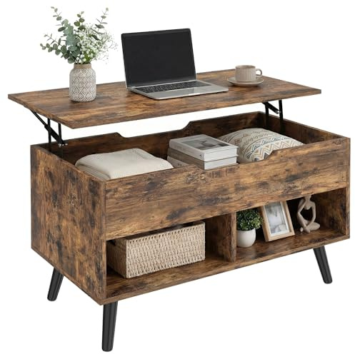 HOMCOM Industrial Lift Top Coffee Table, Living Room Table with Hidden Compartment, Open Shelves and Metal Legs, 75 cm, Rustic Brown