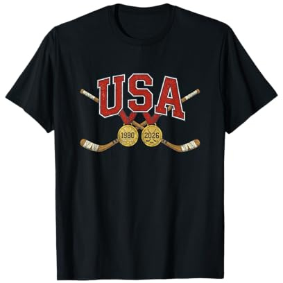 Patriotic 1980 and 2026 Hockey Vintage USA Crossed Sticks T-Shirt