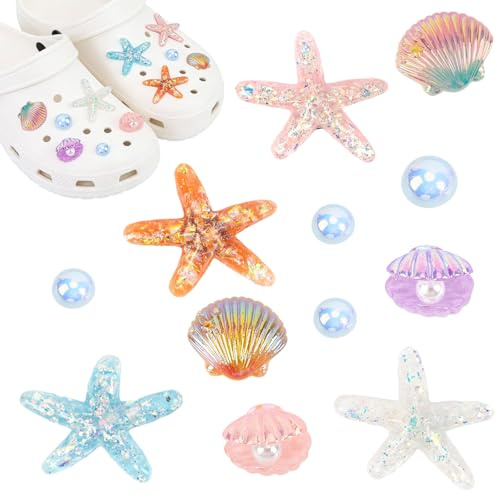 Leikedun Breloques pour Chaussures Crocs - Charms Décoratifs Plage, Étoiles de Mer, Coquillages Irisés, Perles en Plastique pour Sabots et Sandales, Accessoire Cadeau Été