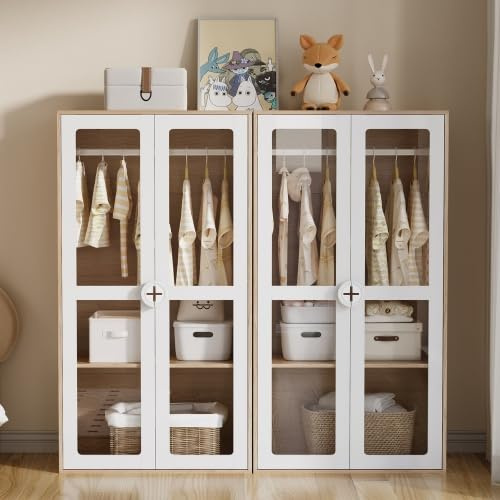 Merax Kinderkleiderschrank Doppeltürig, Acryltüren, 10-stufiges Aufbewahrungssystem, Kleiderstange, 2er Set, Weiß + Naturholz, 160×50×150 cm – Perfekt für Kinderzimmer oder kleine Räume