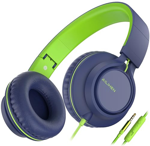 AILIHEN C8 Kopfhörer mit Kabel und Mikro, faltbar und verstellbar,Blau Grün | On-Ear-Headsets, Lautstärkeregelung, HD-Stereo-Sound, 3,5-mm-Klinkenstecker für Chromebook, Laptop, Smartphone