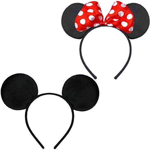 Doppelpack mit Maus Haarreifen | Maus Ohren mit roter Schleife & Maus Ohren schwarz | für Kinder, Damen & Herren | für Fasching & Karneval Kostüm