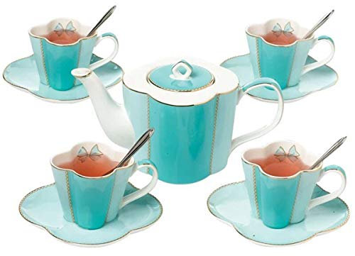 YBK Tech Service à thé en Porcelaine Anglaise avec Tasse à café et soucoupes Motif trèfle, Bleu, Teapot and Cup&Saucer Set
