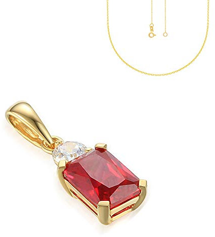 Stella-Jewellery 585er Gelbgold Anhänger mit synth. Rubin Halskette Solitär Collier 14K Halsschmuck inkl. Etui mit Kette
