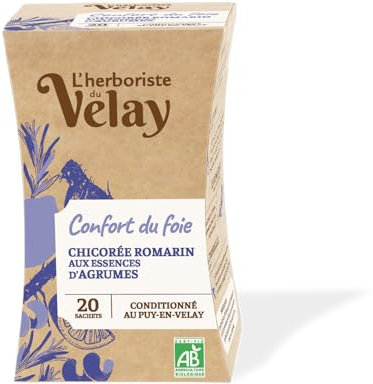 L'Herboriste du Velay - Infusion BIO Confort du Foie - Chicorée, Romarin, Huiles Essentielles d'Agrumes - Ingrédients 100% Issus de l'Agriculture Biologique - Boite de 20 Sachets