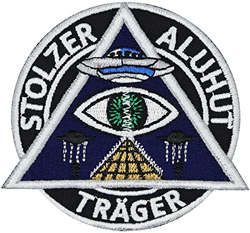 Tygmärke: stolt aluminiumhatt bärare pyramid ögat UFO utomjordingar rymdskepp strykbild antisystem applikation att stryka på | konspirationsteori utomjordingar rymd 80 x 75 mm