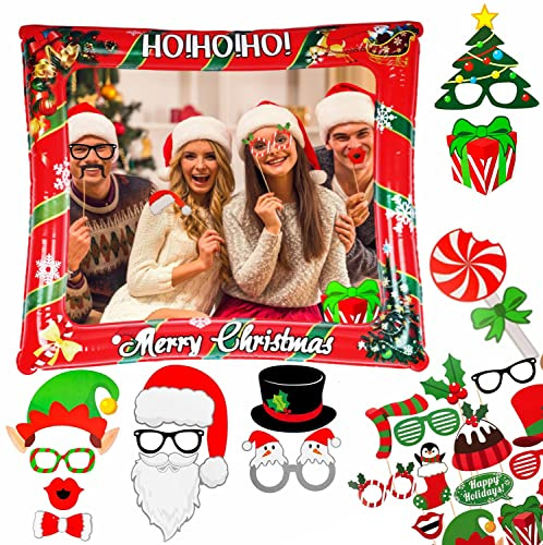 Aisszhao Christmas Inflatable Photo Booth with 32Pcs Props Selfie Picture Frame for Party, Giant Celebration Blow Up Party Prop Game Accessories Supply, 135 x 190 cm