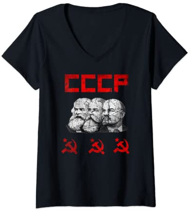 Donna Unione Sovietica Marx Engels Lenin CCCP martello e falce Maglietta con Collo a V