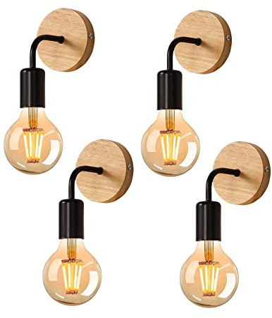 DAXGD 4 Pièces Appliques Murales Vintage en Bois, Lampes Murales Interieur Industrielle E27 pour Chambre, Salon, Escalier, Couloir(Noir)