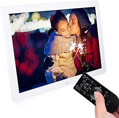 Elprico Digitaler Bilderrahmen,17 Zoll 1440 * 900HD Elektronischer Bilderrahmen,Freistehend oder Wandmontage,unterstützt Musik- und Videoplayer, Wecker, Kalender(Weiß)