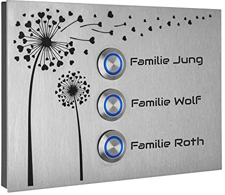 Jung Edelstahl Design Dreifamilienhaus Türklingel Lübeck1-3AG Motiv Pusteblume Klingelschild 17x12 cm Klingel Mehrfamilienhaus - Aufputz oder Unterputz