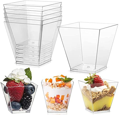 Yeehliny 50 Stück Dessertgläser Plastik Dessertschalen Klare Plastik Desserttasse Quadratische Dessertbecher Trapezoid Becher Plastikschalen für Dessert Pudding Mousse Party (Klare)