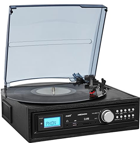 MEDION E69143 Schallplatten und Kassettendigitalisierer (eingebauter Lautsprecher, 33/45/78 U/min, direkte MP3 Umwandlung, MP3-Wiedergabe, SD Kartnleser, AUX Eingang, Kopfhörerbuchse) schwarz