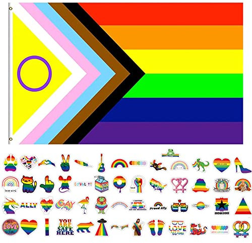 GoldRock Progress Pride Flagge Set - Regenbogen Flagge 150x90 cm + 50 Stück LGBTQ Sticker - Lesbian, Gay, Joint-Pride Regenbogenfahne Mit 2 Messingösen