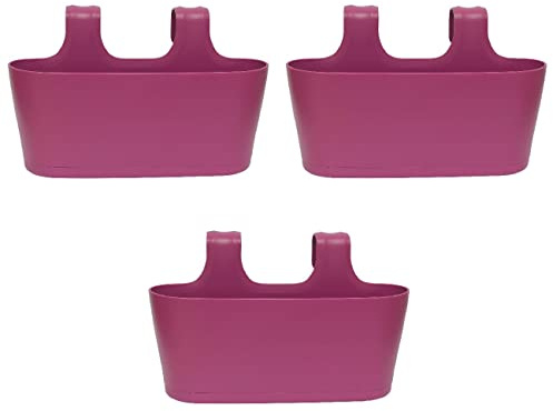 Engelland 3 x Blumenkasten zum Auf-Hängen, Farbe: Lila, Blumentopf, oval, Balkon, Übertopf, Pflanzkasten, mit Wasserspeicher/Wasserauffangschale