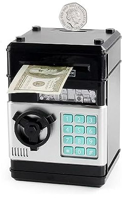 ATM Electrónica Hucha para Niños Juguete - Mini Bancos con Bloqueo de Contraseña & Automático de Dinero Cumpleaños Niños y Niñas de 3 a 12 Años (Negro)