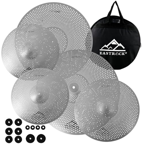EASTROCK Paquete de Platillos de Bajo Volumen, Juego de 5 Piezas, Sombrero Alto de 14 Pulgadas + Choques de 16 y 18 Pulgadas + Paseo de 20 Pulgadas con Bolsa de Platillos y Fieltros （Plateado）