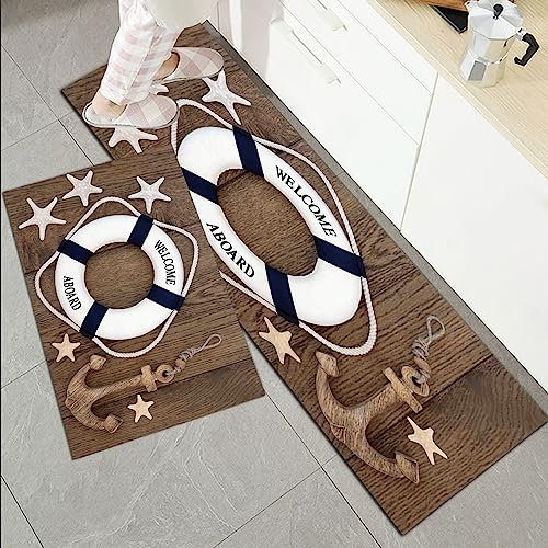 Küchenläufer Küchenmatte 2 Stück 45x70cm+45x120cm,Anker, Rettungsring Anker Seestern Muscheln über alte Eiche Hintergrun,Rutschfest Pflegeleicht, Anti-Müdigkeit Küchenteppich Teppich Läufer für Küche