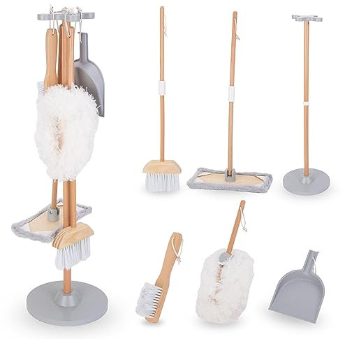 Mamabrum, kit de Nettoyage en Bois, Support de Rangement en Bois, Pelle, Balai, vadrouille avec Tampon Doux, plumeau, kit de Nettoyage pour Enfants, Balai pour Enfants