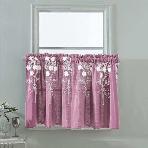 2er-Set kurzer Fenstervorhang, kleine Blumenstickerei, blickdicht, brauner Vorhang, Küchenvorhang, Bistro, Café, halber Vorhang, Volant, Glasvorhang, Flächenvorhang, Türvorhang, Schrank, Waschbecken (