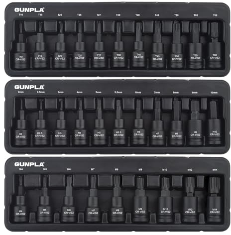 Gunpla 3/8 Inch Drive Impact Bits Sets Heavy Duty CR-V, S2 Steel Impacted Shallow Metric 31pcs Hex 2-10mm, Torx T10-T60, Spline M4-M14 Star Allen Bit Tools