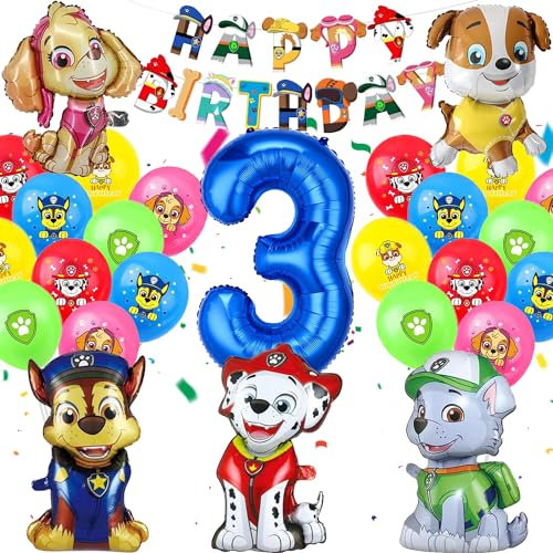 YISKY Hund Cartoon Luftballons Geburtstag Deko 3 Jahre, Paw Luftballon Partydeko mit Happy Birthday Banner für Kindergeburtstag