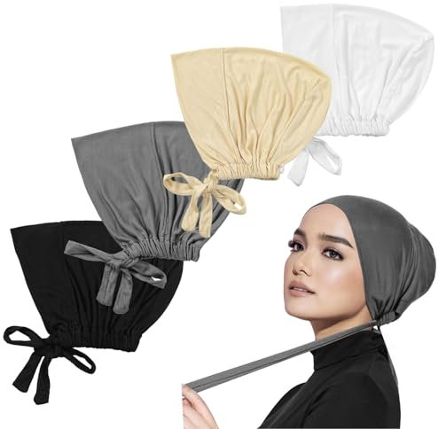 OXRXRO 4 gorros de hiyab para mujer, bufanda musulmana islámica, gorra elástica ajustable, bufanda musulmana de color sólido, hiyab de algodón con cierre de lazo en la espalda, gorro de dormir para