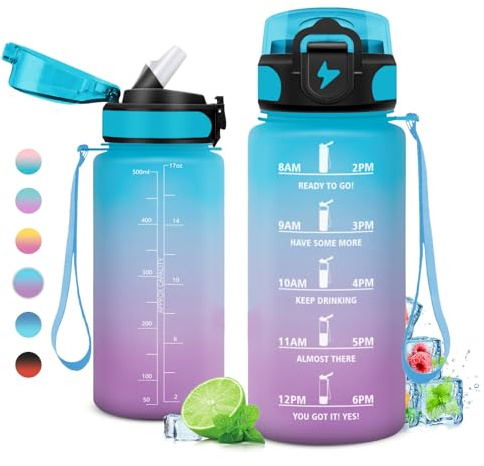 KollyKolla Gourde 500ml, Bouteille d'eau Enfant avec Paille, Gourdes sans BPA, Étanche & Réutilisable, Gourde Sport avec Marqueur de Temps pour Enfant, Cyclisme, Bureau, l'école, Camping