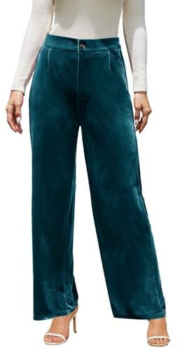 Rasutina Women Wide Leg Velvet Pants High Waist Palazzo Pants for Women Stretchy Velour Dress Pants XX-Large Deep Teal
