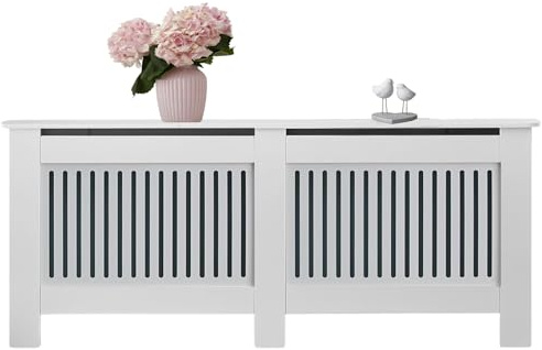 Cache Radiateur. Couvercle de Radiateur MDF avec Étagère et Lattes. Meubles au Design Moderne Fini en Grille Blanche Élégant pour Salon, Chambre,Bureau 172x82x19cm.