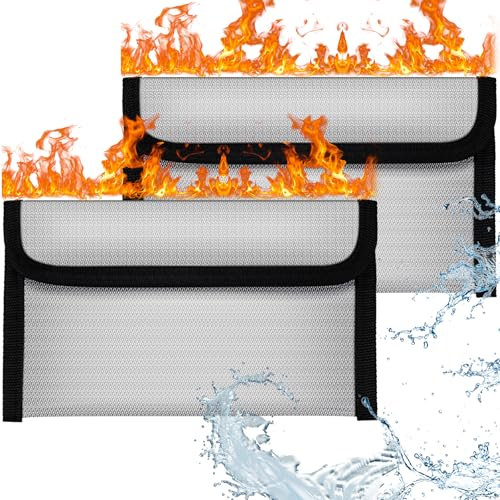 OFFCUP Fireproof Document Bag, 2pcs 8x4.6 Inches Money Fireproof Bag, Solid Silicone Coated Waterproof and Fireproof Safe Storage Bag with Zipper for Cash, File, Passport, Valuables Box (Grey)