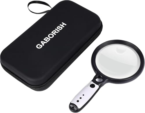 GABORISH Lupe mit Licht USB Aufladbar und Aufbewahrungskoffer, 10X 20X 45X Vergrößerungsglas, 37 LED Beleuchtete Handlupe mit 3 Lichtmodi, Leselupe mit Licht für Senioren Groß (Schwarz und Weiß)