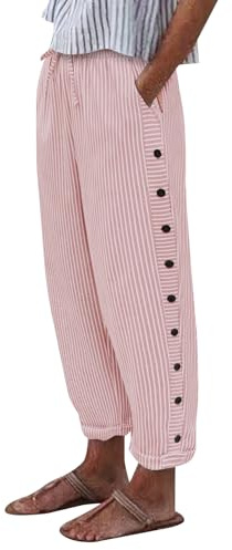 Svanco Pantalones Mujer Verano de Algodón Elegantes, Ligeros y Cómodos Pantalones Casuales de Rayas con Bolsillos, Ideales para Cualquier Ocasión