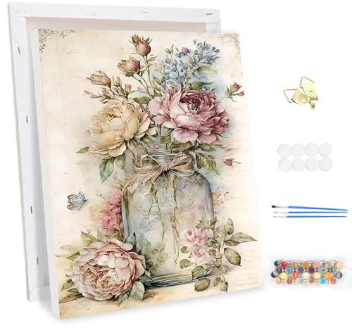 MEIYUDA Pintar por Numeros Adultos con Marco Flor vintage, DIY Pintura por Numeros Kit Manualidades Adultos, Cuadros por Numeros Pigmento Acrílico, Decoración para el Hogar Regalo de pared 30x40cm